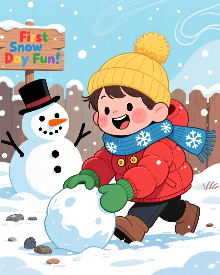A child's first snow day, bundled up and building a snowman.