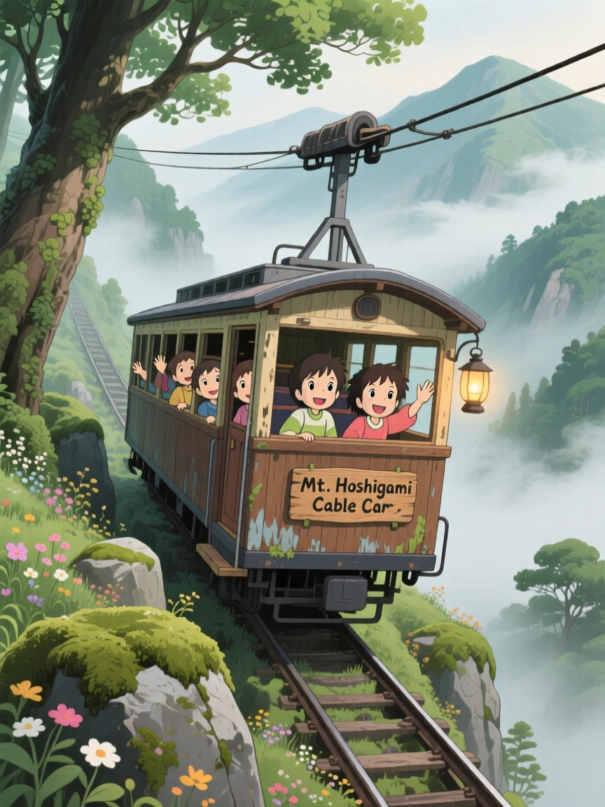 A charming scene of a cable car climbing steeply up a misty mountainside, as passengers wave from open windows.