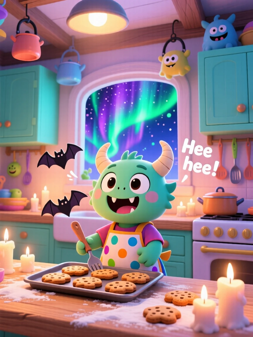 A tiny horned monster baking cookies shaped like bats in a cheerful monster kitchen beneath swirling aurora-lit skies; gentle candlelight washes over the scene as giggling amusement fills the moment. Low-angle shot looking up.