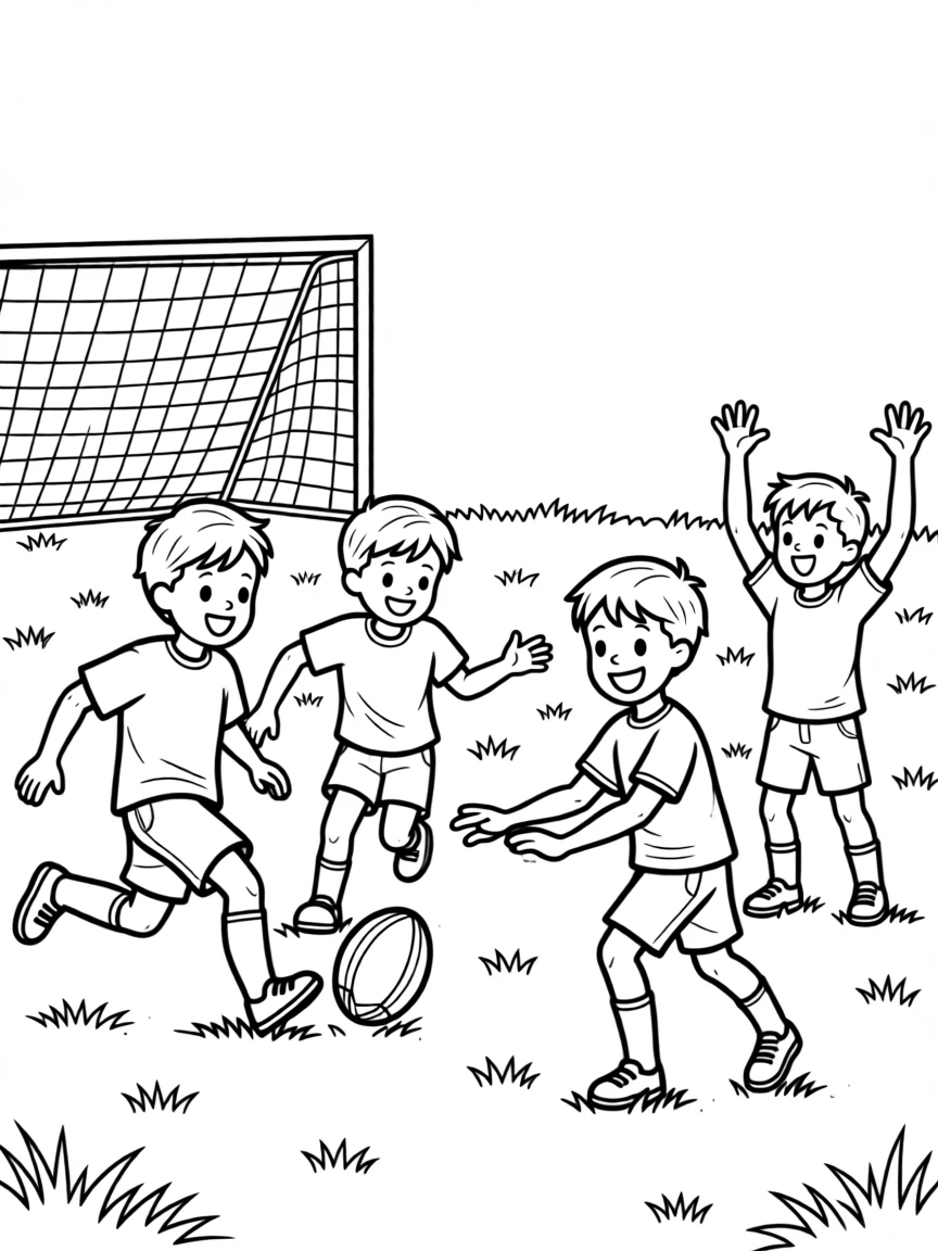 A group of kids playing football in a grassy field