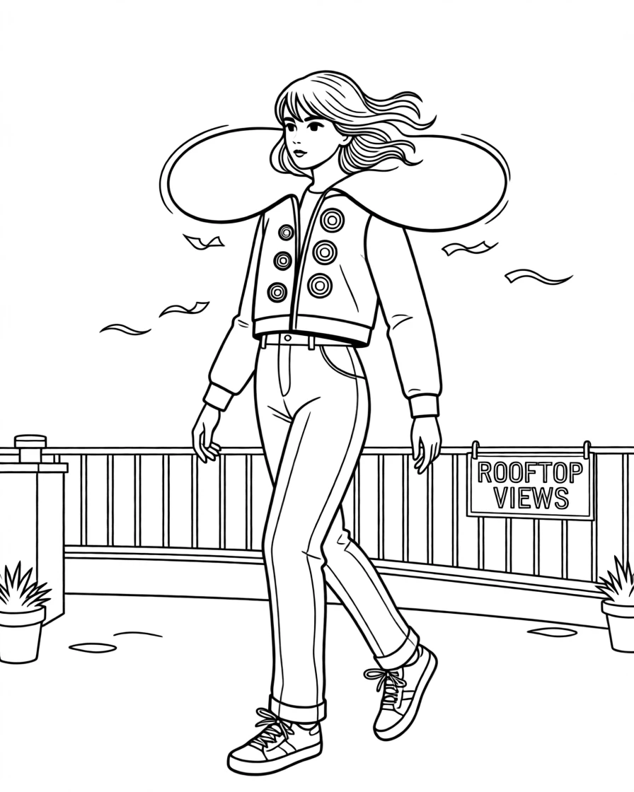 A cropped jacket with an oversized collar and statement buttons, captured mid-motion on a windy rooftop.