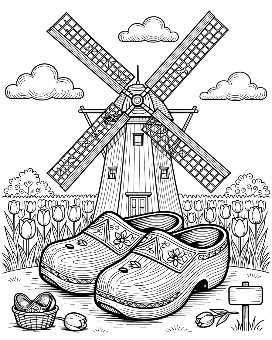 A traditional scene with wooden clogs and a windmill backdrop.