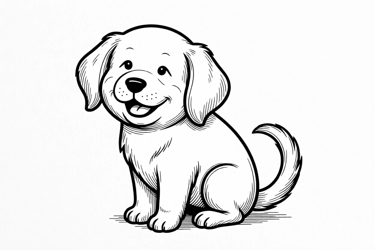 A round-faced puppy with floppy ears and a wagging tail