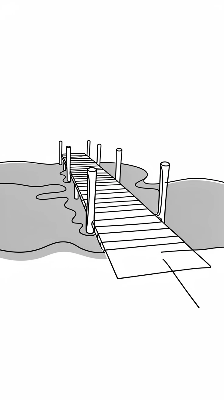 A long wooden pier stretching out over a calm turquoise lagoon