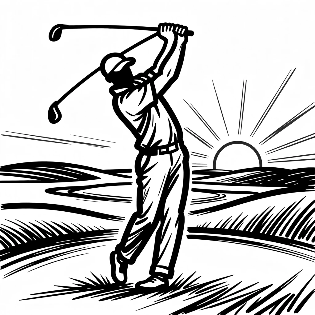 A golfer mid-swing on a lush green fairway at sunrise.