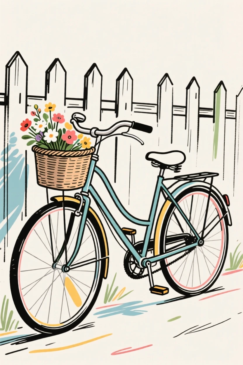 A vintage bicycle with a basket of flowers leaning against a fence.