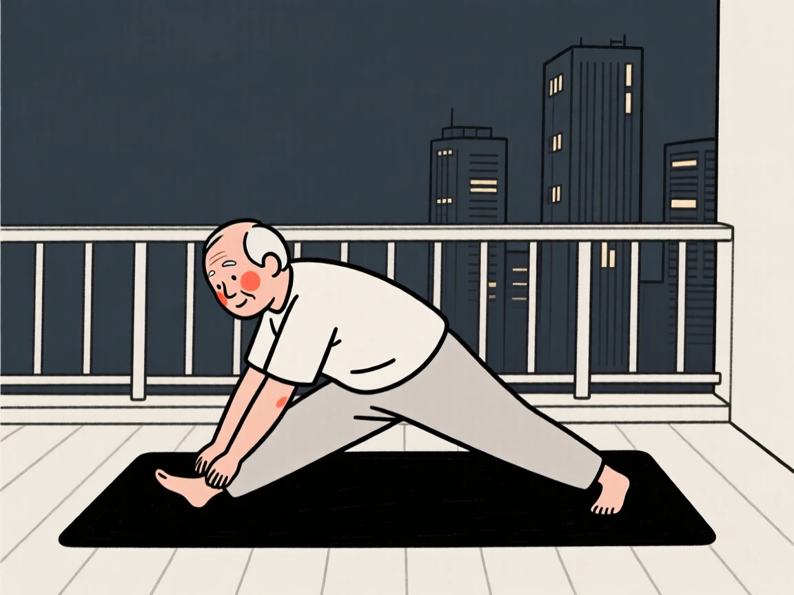An older man stretching on a yoga mat at dawn, on a city balcony at night.