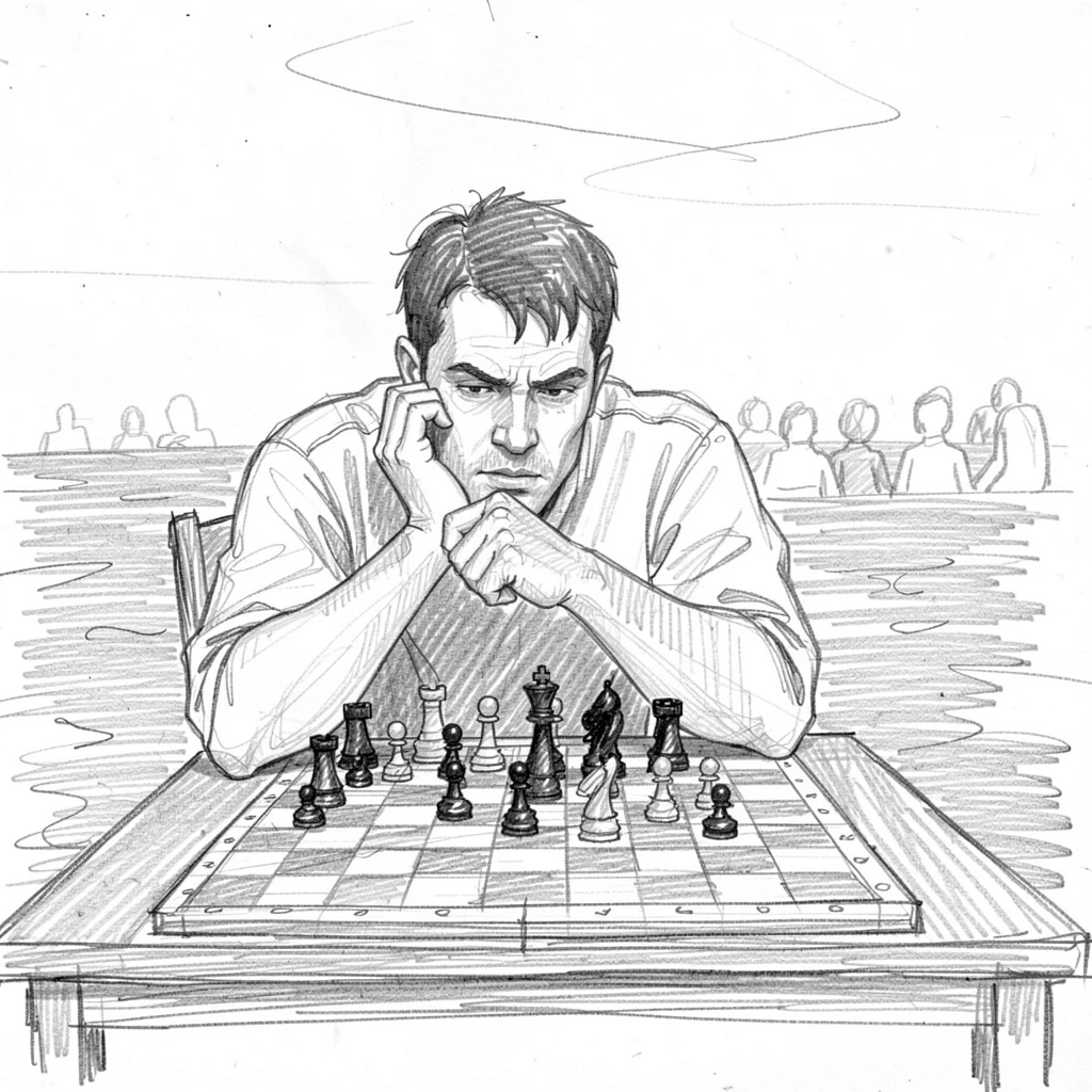 A dynamic action shot of a chess player deep in thought over a match on an open ocean horizon, with the crowd blurred in the background.