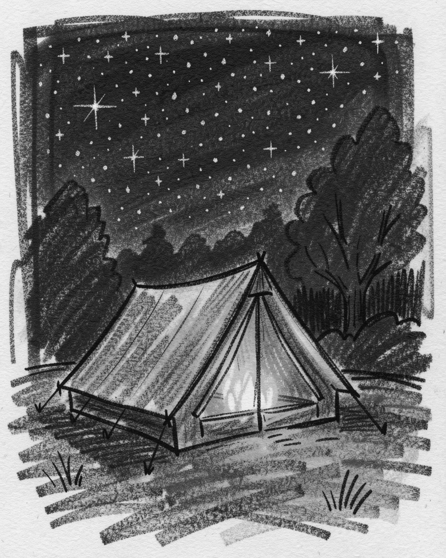 A camper's tent glowing warmly beneath a starry sky, in a moment of quiet togetherness.