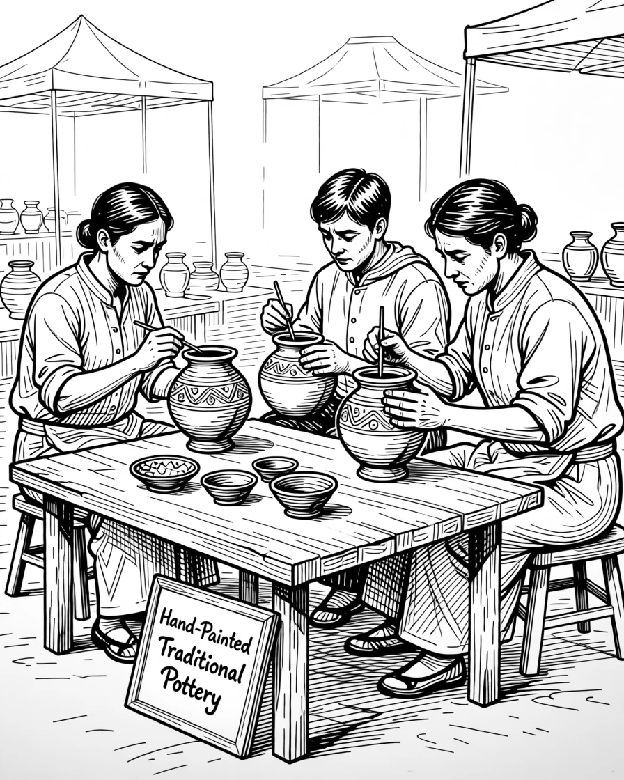 A group of artisans hand-painting traditional pottery at an outdoor market.