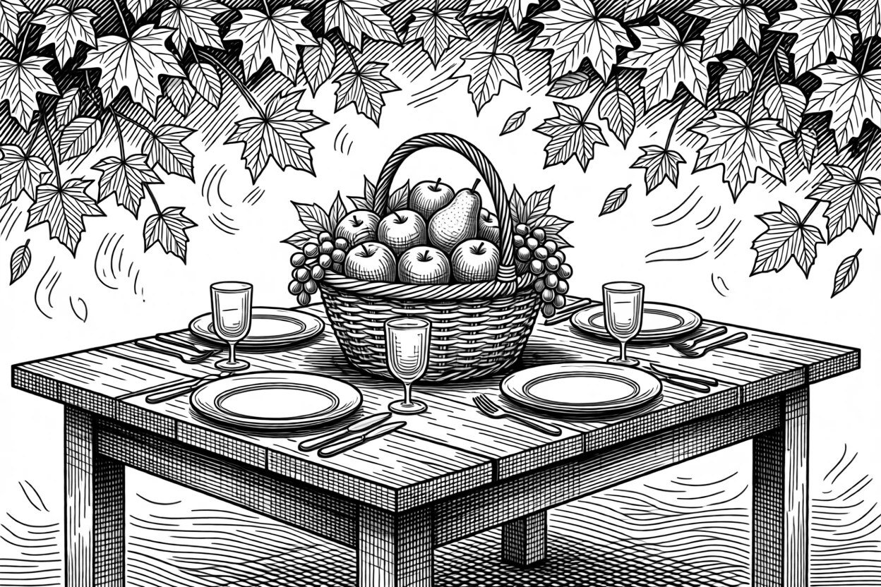 A table set for a festive holiday feast under a canopy of autumn leaves in every shade of gold, with a basket overflowing with seasonal fruit, capturing a cozy and heartwarming seasonal moment.