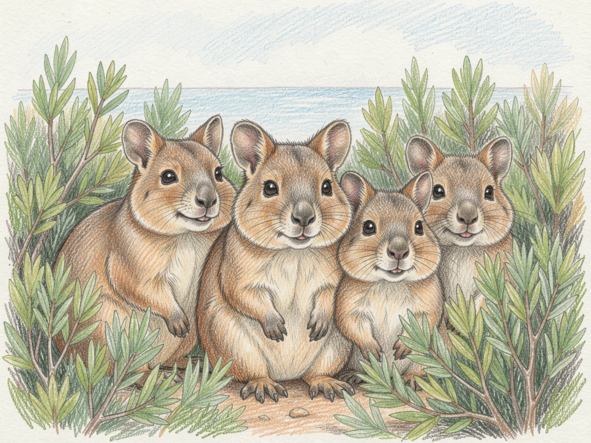 A family of quokkas smiling among coastal shrubs, framed thoughtfully to draw the eye toward the central subject, capturing a quiet story that lingers with the viewer.