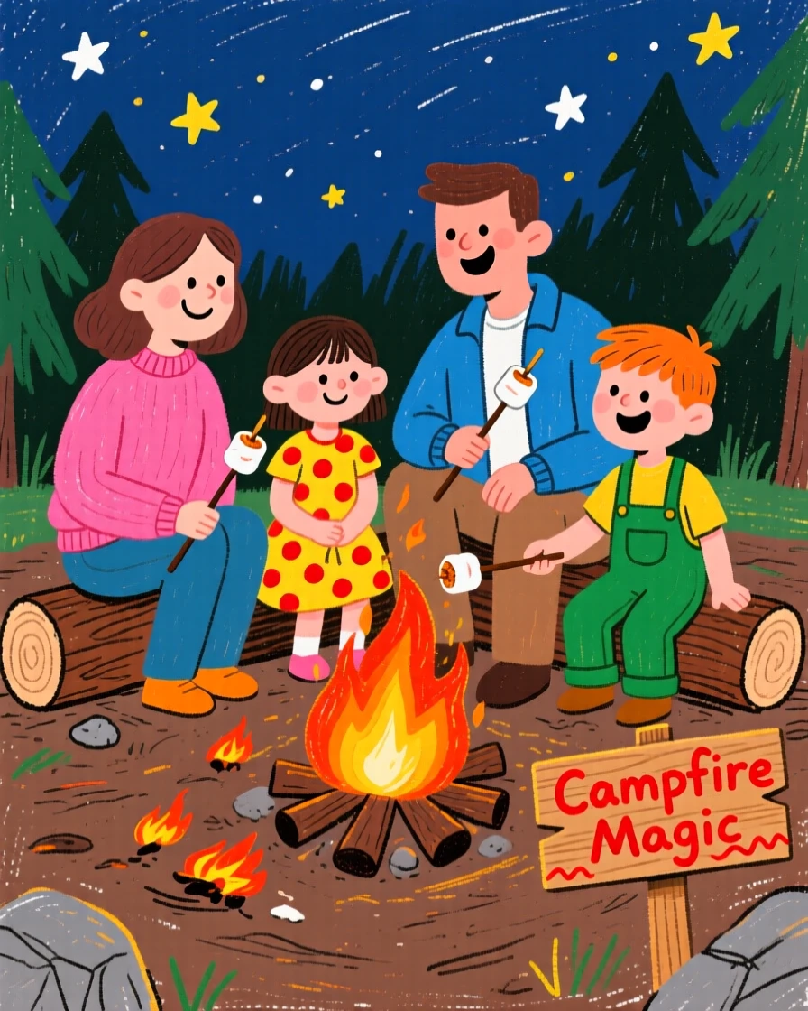 A family roasting marshmallows together around a campfire.