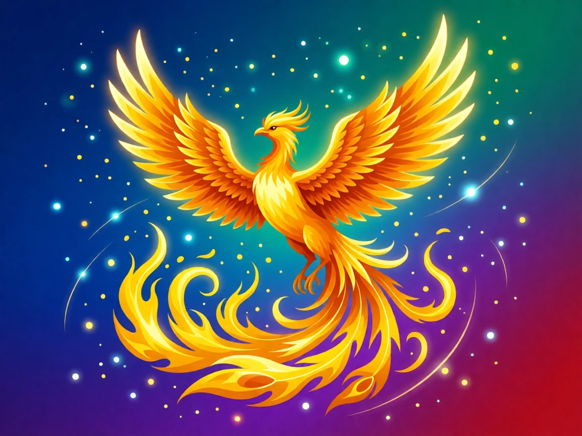 A phoenix rising in a burst of golden flame and light, set within a mystical realm glowing with soft magical light, arranged with soft sparkles and glowing highlights throughout, with rich jewel tones that evoke wonder and imagination.