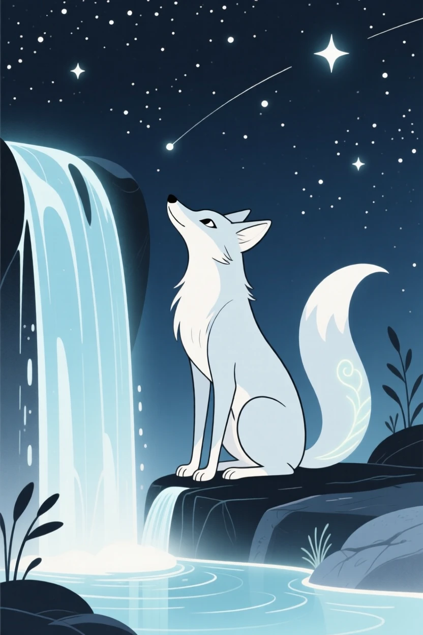 A talking fox spirit watching the stars near an enchanted waterfall.