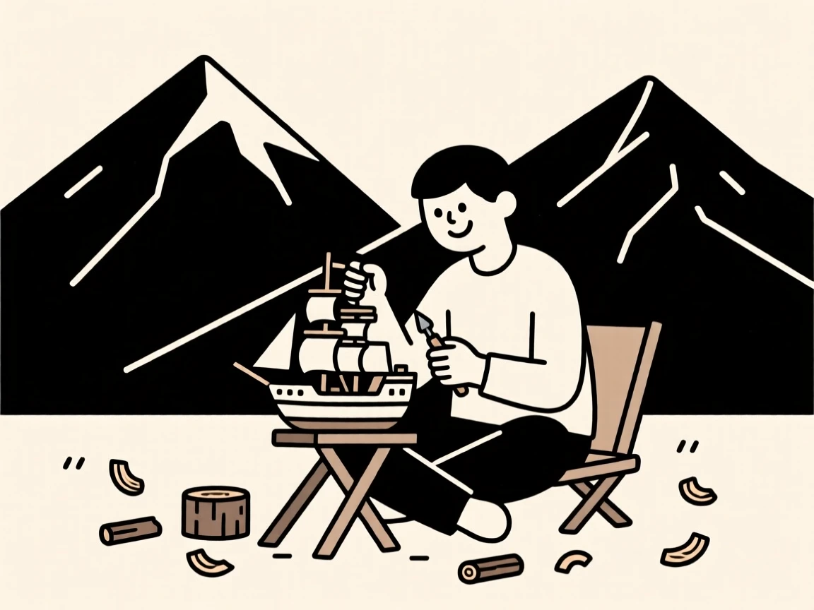 A person building a model ship in a mountain campsite, surrounded by wood shavings, showing joyful discovery.