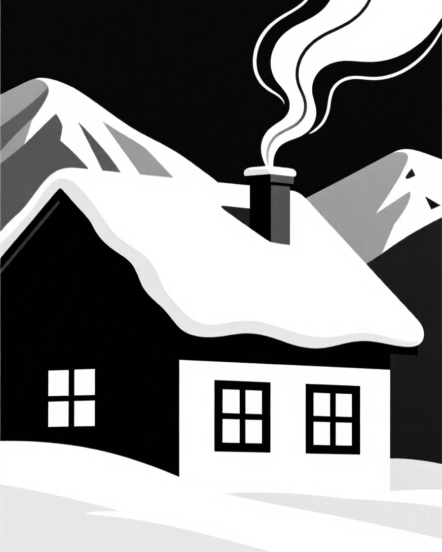 A snow-covered alpine chalet with smoke curling from its chimney.