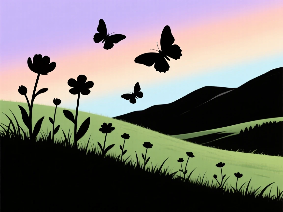 A quiet mountain meadow scattered with grazing wildflowers and butterflies.