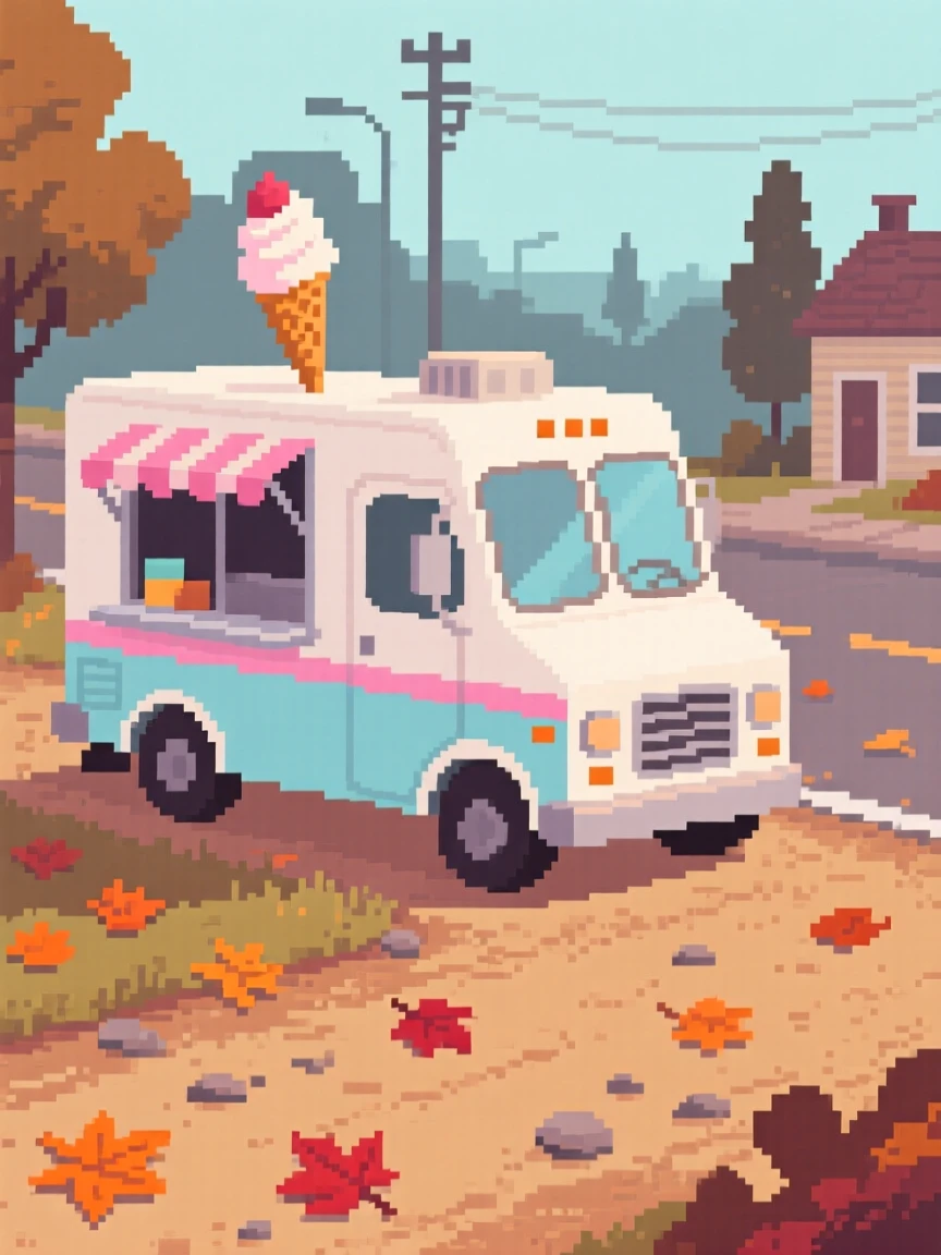 An ice cream truck parked on a quiet street surrounded by fallen leaves on a quiet street, along a dirt road leading out of town.