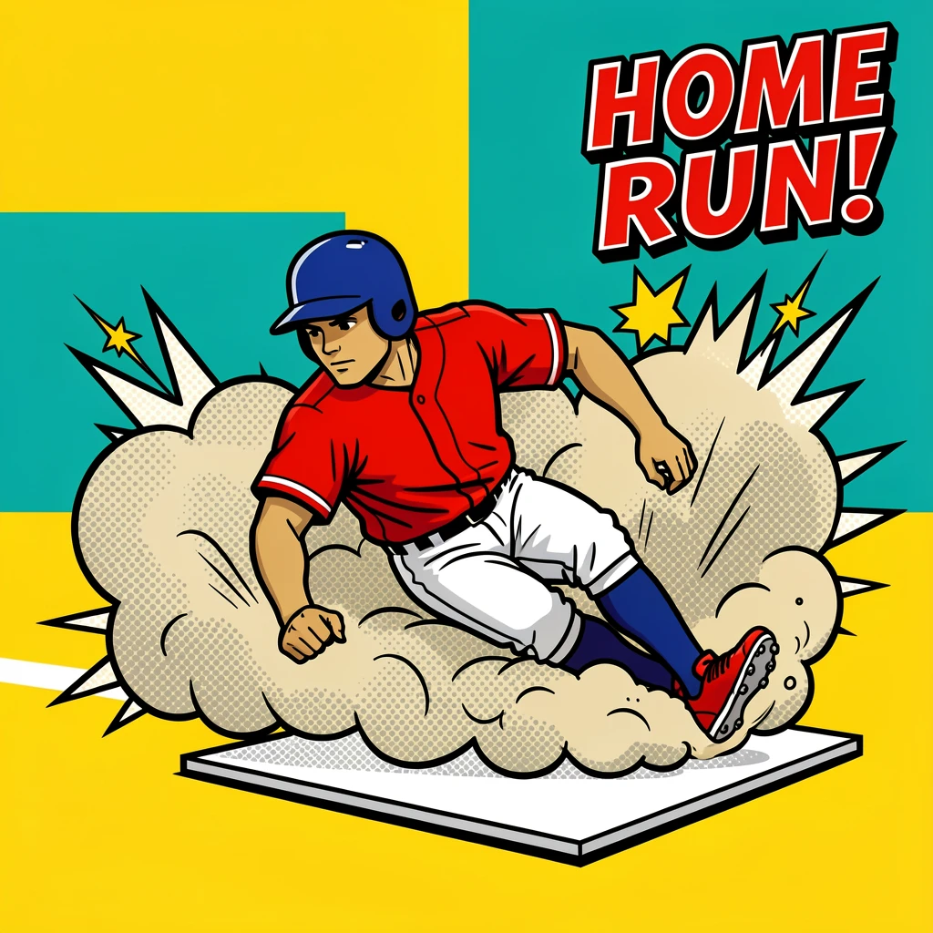 A baseball player sliding into home plate in a cloud of dust