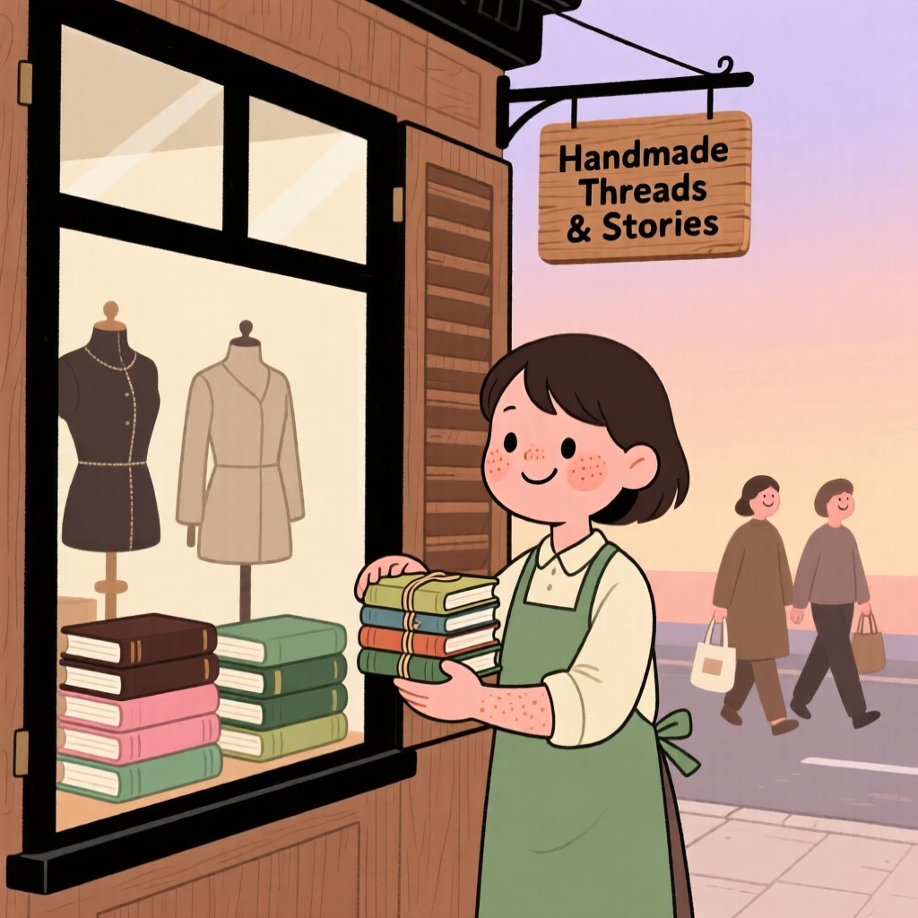 A young florist opens the shutters of a small tailor's shop at dawn, arranging stacks of new books in the window as the first customers approach.