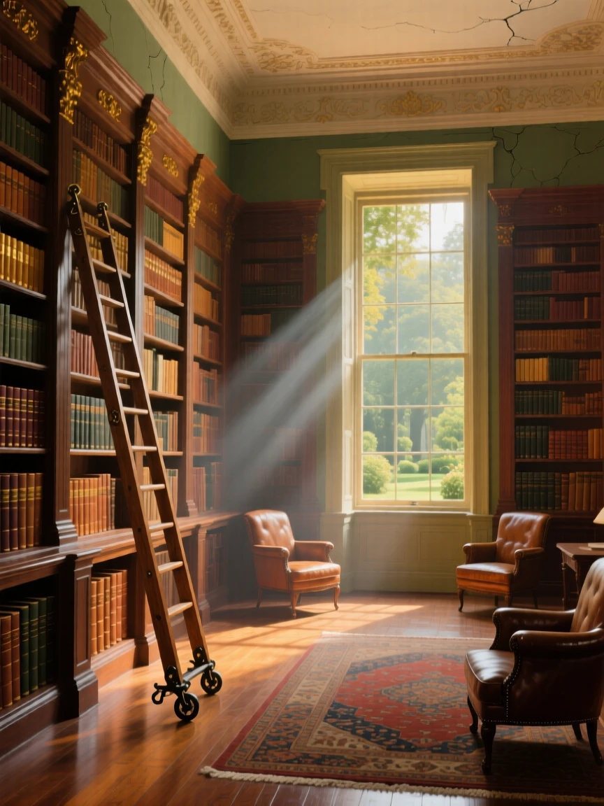 A sweeping wide shot of a cozy library with towering shelves and a rolling ladder, sunlight streaming through tall windows, during the colonial era, at the start of a humid summer.