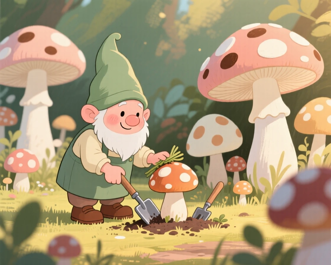 A gnome tending a garden of oversized mushrooms and toadstools