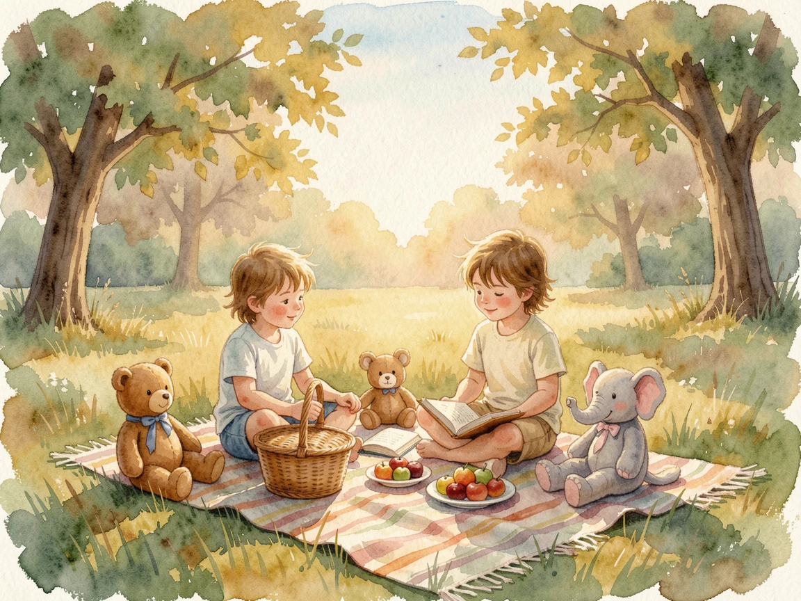 Kids having a picnic with stuffed animals as golden afternoon light glows around them.
