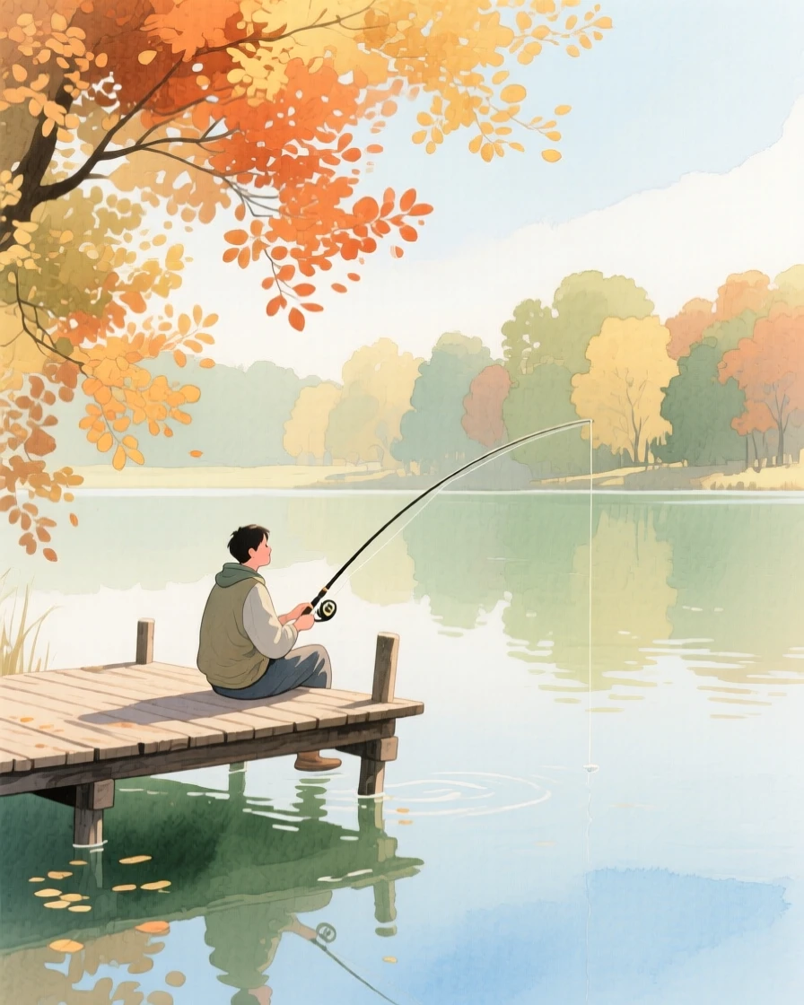 A peaceful scene of someone fishing from a quiet dock under a canopy of autumn trees, fully absorbed in a quiet, joyful moment
