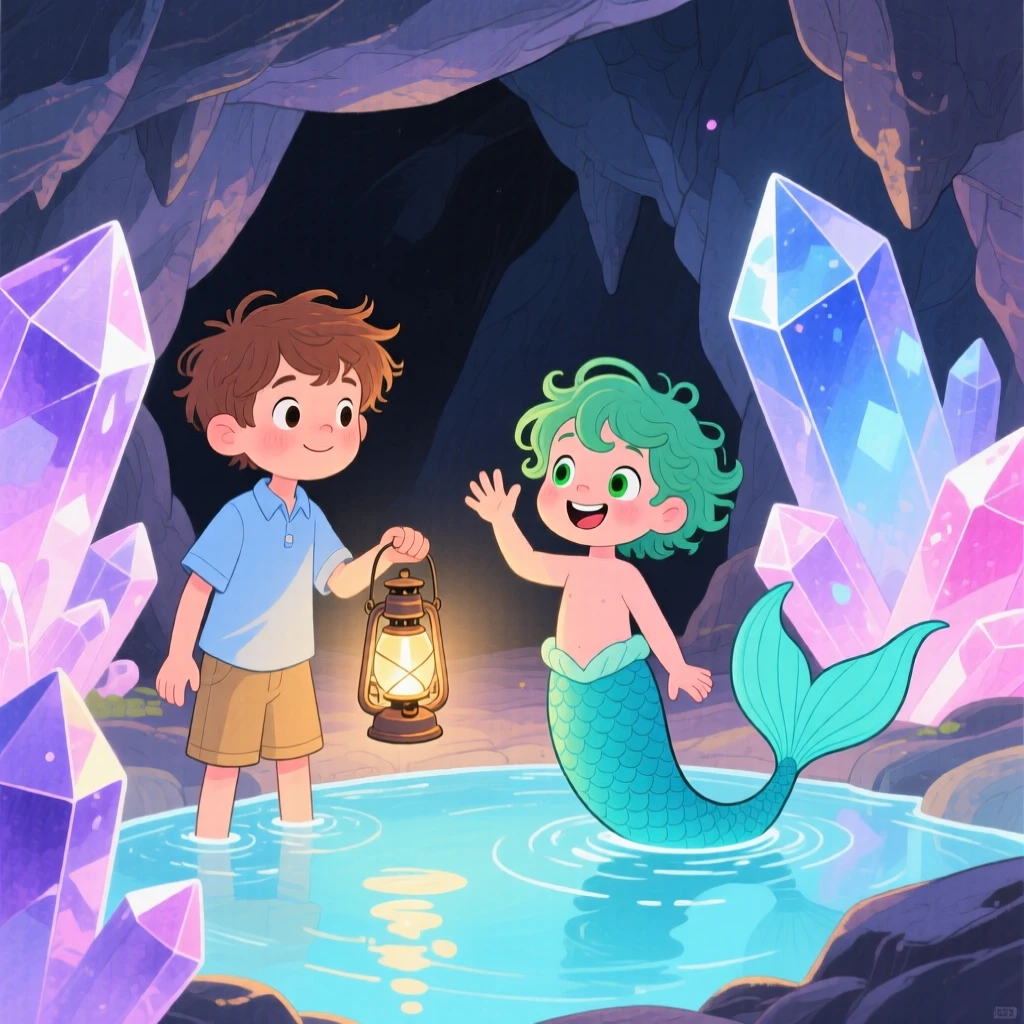A boy carrying a lantern discovering a glowing crystal cave for the first time, greeted by a playful merboy.