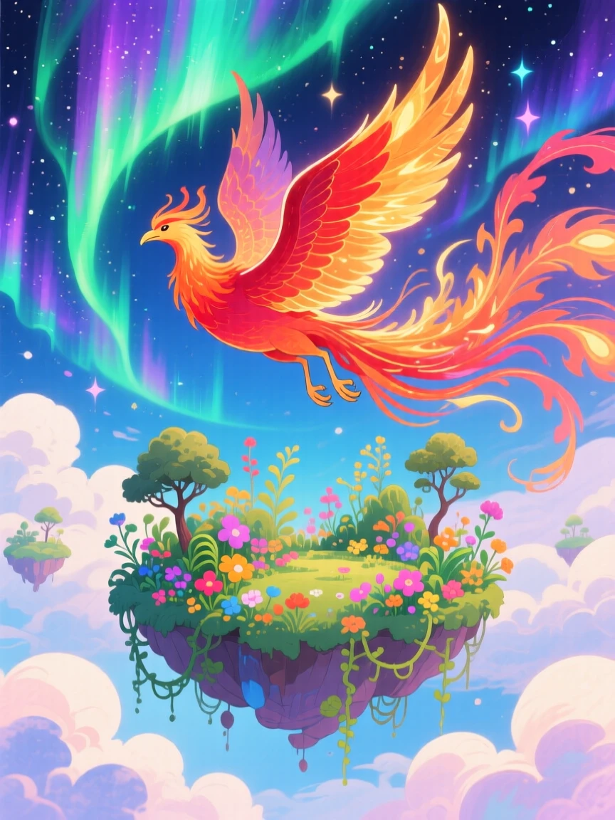 A glowing phoenix flying through a sky painted with the northern lights, in a floating garden above the clouds, filled with a sense of peaceful mysticism.