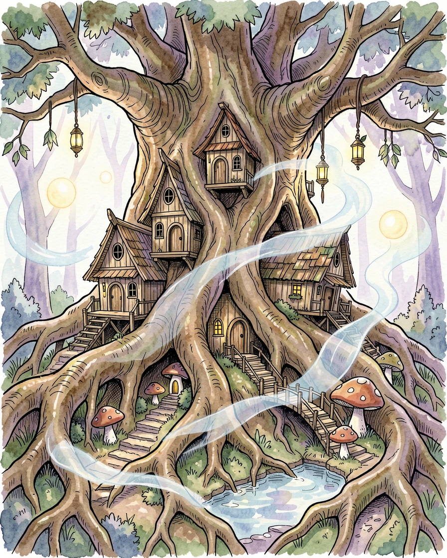 A hidden fae village built into the roots of an ancient tree, swirling light and mist adding a dreamlike quality.