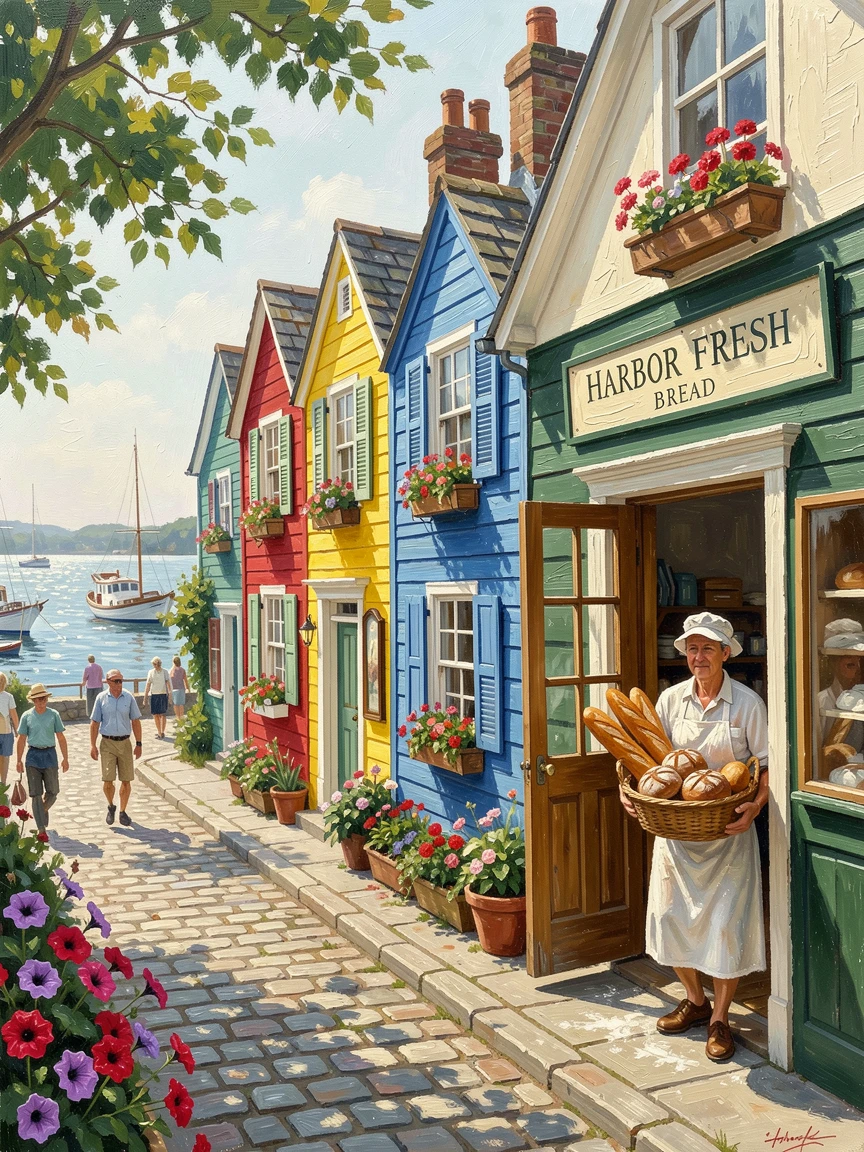 On a bright summer afternoon, streets bustling with life, a row of colorful fishing cottages along a harbor, with narrow cobbled streets winding uphill, a baker carrying fresh bread from an open doorway.