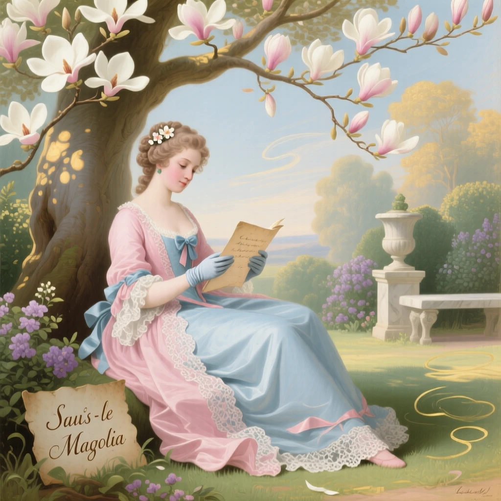 A lady reading a letter beneath a blossoming magnolia tree  