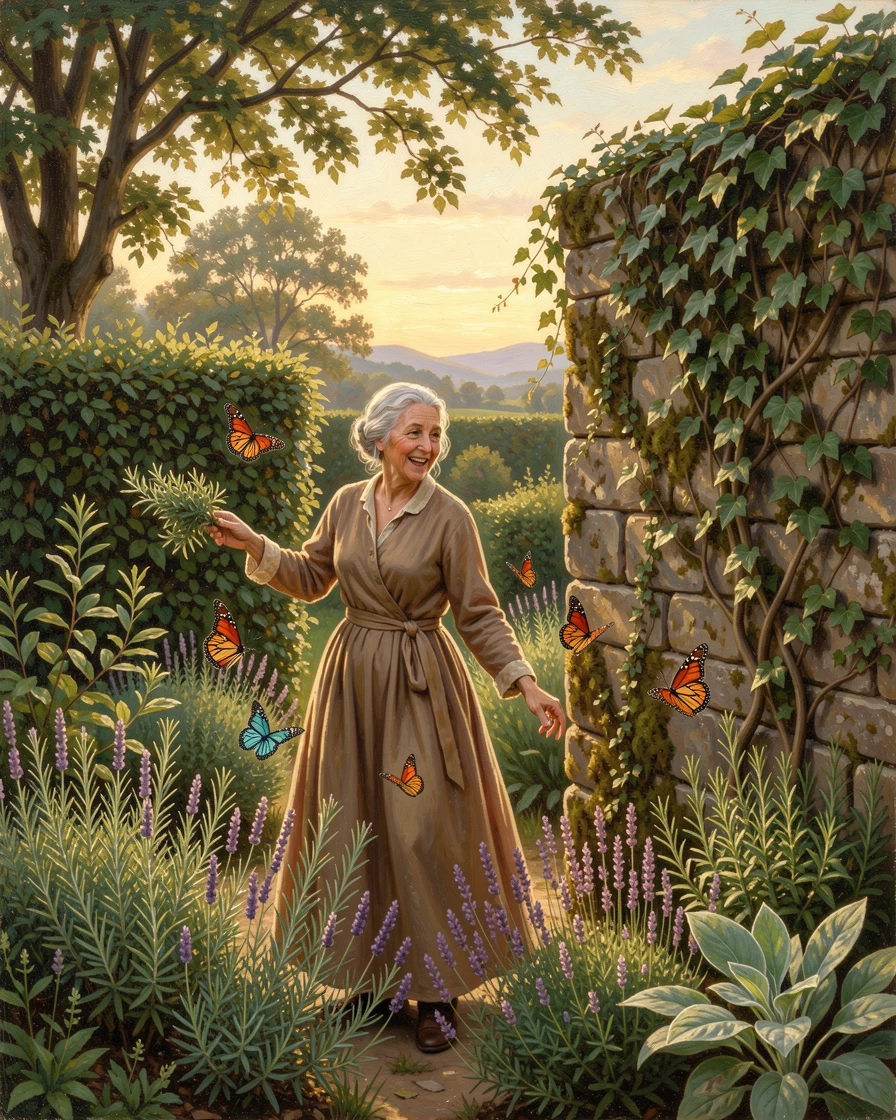An elderly woman plays among the hedges of a herb garden beside an old stone wall as butterflies drift past.