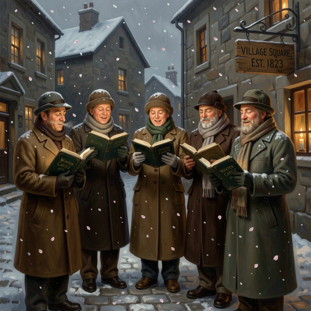 A winter holiday choir singing carols beneath softly falling snow, as soft snow or flower petals drift gently through the air, capturing the warmth, joy, and magic of the season