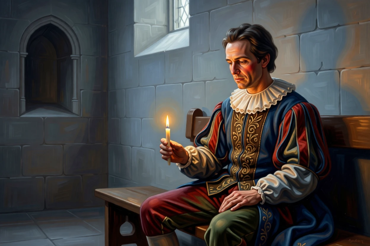 A court jester resting quietly after a long evening of performance holding perfectly still in contemplative silence, set in a candlelit chapel side room, with a single shaft of light illuminating an expressive face; warm and cool tones contrast to separate figure from background, suggesting a private world just glimpsed by the viewer.