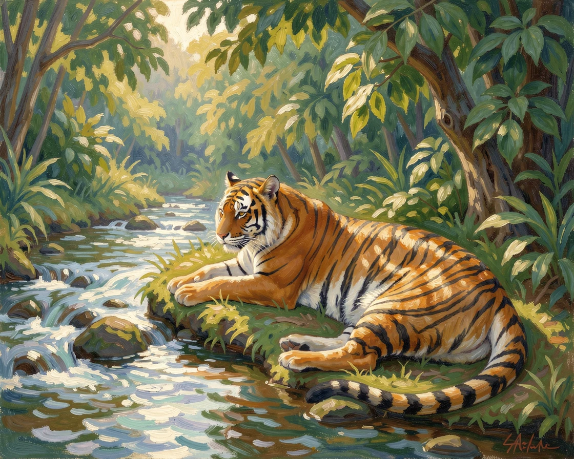 A tiger resting beside a jungle stream, dappled light filtering through dense green canopy, radiating serenity and gentle stillness.