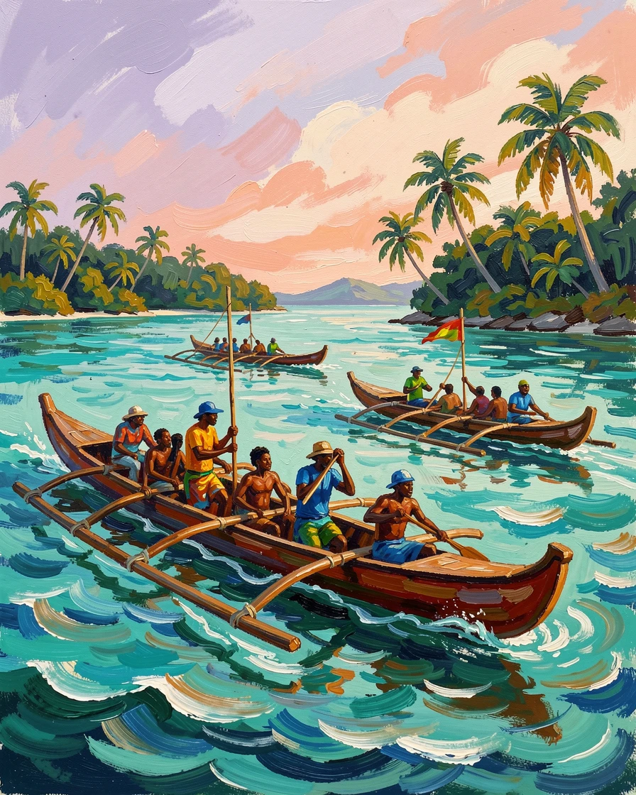 Traditional outrigger canoes paddling across the turquoise lagoon of a Pacific atoll.