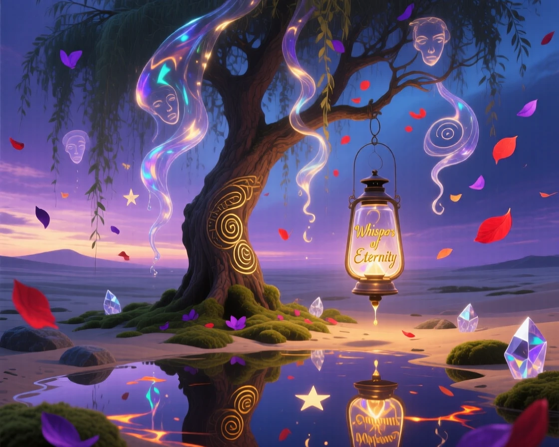 A willow tree whose hanging branches ripple like flowing water thrives quietly in a place untouched by time, as petals fall slowly, spinning like tiny dancers.