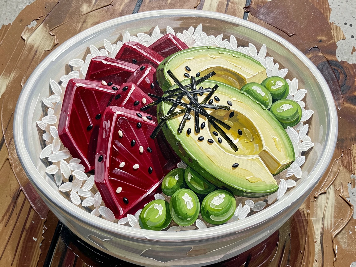 A vibrant poke bowl shows fresh tuna, avocado, and edamame arranged colorfully over rice, garnished with sesame seeds and seaweed, the composition inviting the viewer to imagine the aroma and flavor of the moment.