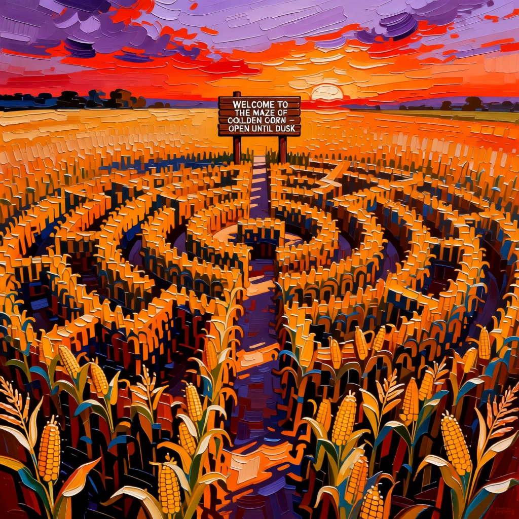 A vast cornfield maze carved into intricate patterns viewed from above at sunset