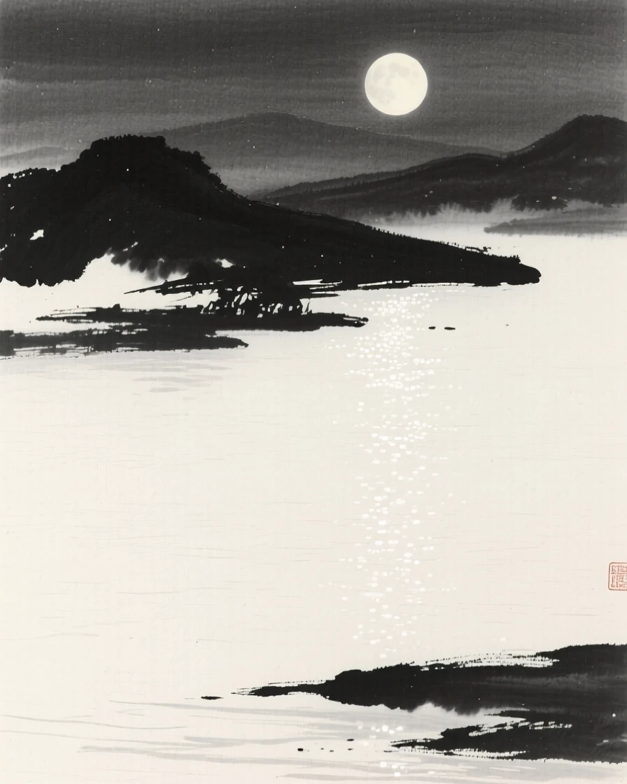 Moonlight glimmers softly across the surface of a still lake, with the silhouette of distant hills framing the horizon.