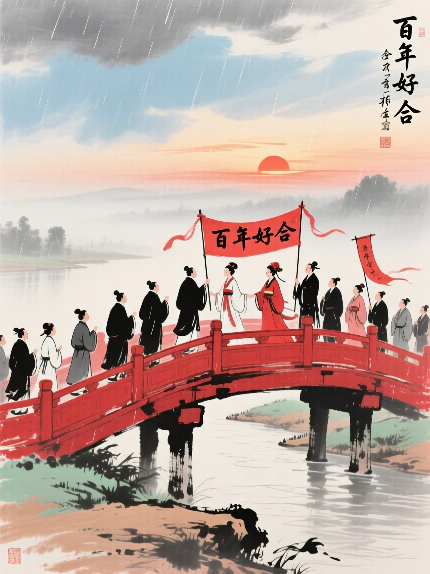 A wedding procession crossing a red lacquered bridge at sunset, beneath a sky washed clean by rain, as morning mist begins to lift, conveying a deep sense of harmony with nature.
