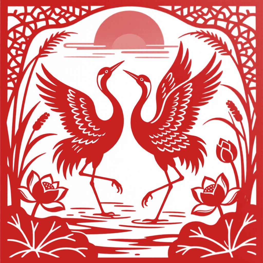 A pair of cranes dancing together in a marsh at sunrise, wings outstretched, reeds and lotus blossoms surrounding them