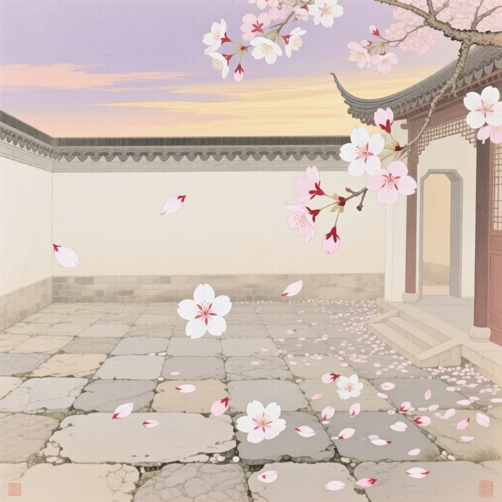 Cherry blossom petals drifting across a quiet stone courtyard in spring, beneath a sky streaked with the colors of early morning