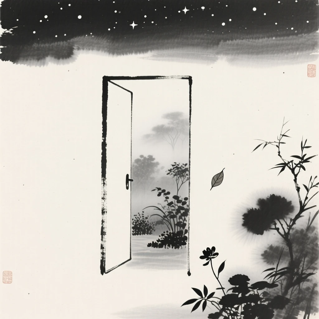 An open door revealing a misty garden beyond beneath a canopy of quiet stars, balanced with a single small detail against a quiet backdrop, suggesting quiet longing and gentle stillness.