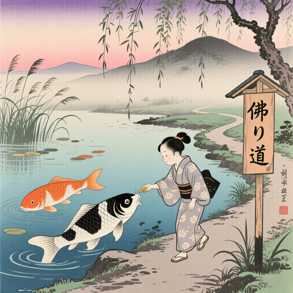 A child feeding koi walking home together at the end of a long day.