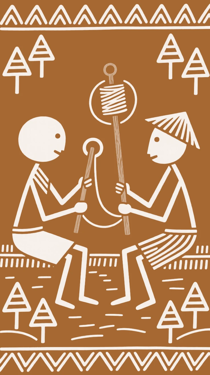 Two farmhands spinning thread on a simple wooden spindle.