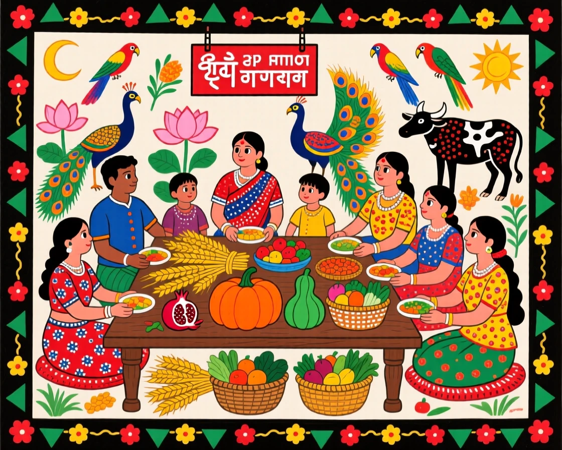 A harvest thanksgiving table shared by an entire village community.